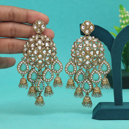 Pista Green Color Kundan Earrings (KDE959PGRN) - preyans.com