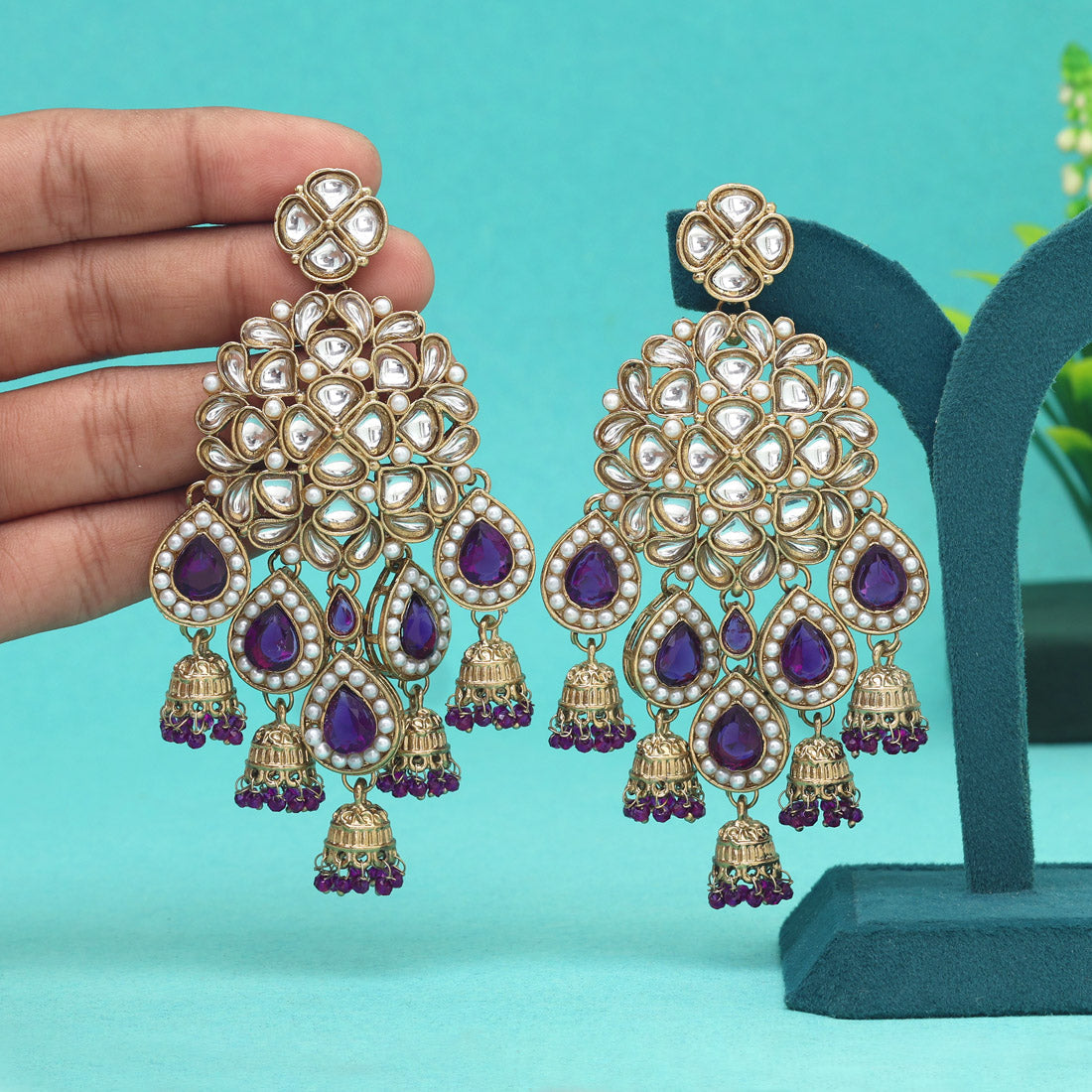 Purple Color Kundan Earrings (KDE959PRP) - preyans.com