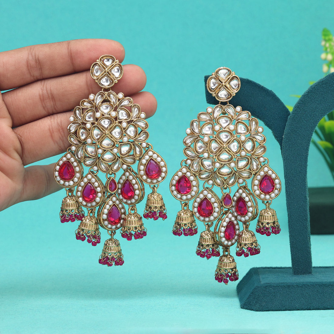 Rani Color Kundan Earrings (KDE959RNI) - preyans.com