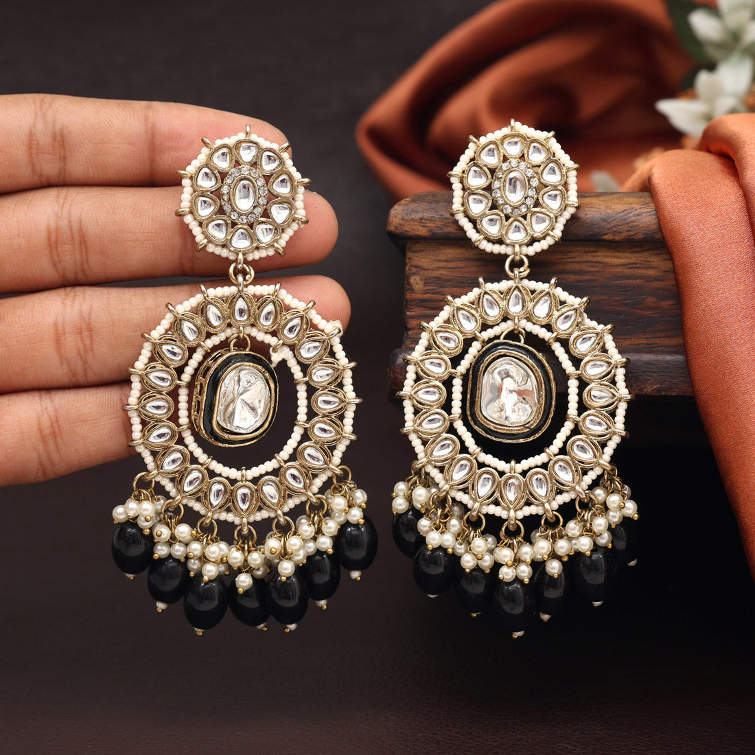 Black Color Kundan Earrings (KDE963BLK) - preyans.com