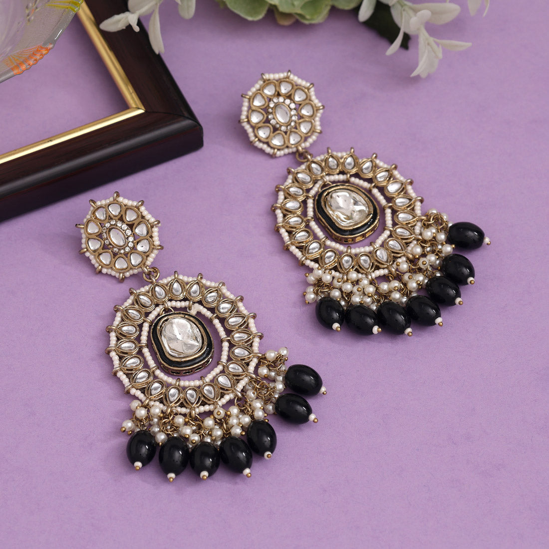 Black Color Kundan Earrings (KDE963BLK) - preyans.com