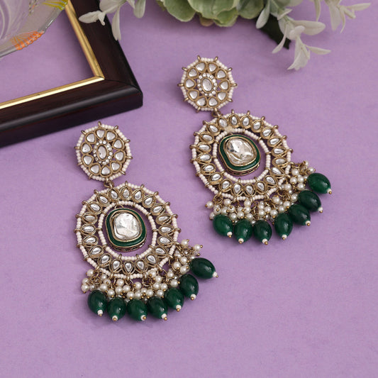 Green Color Kundan Earrings (KDE963GRN) - preyans.com