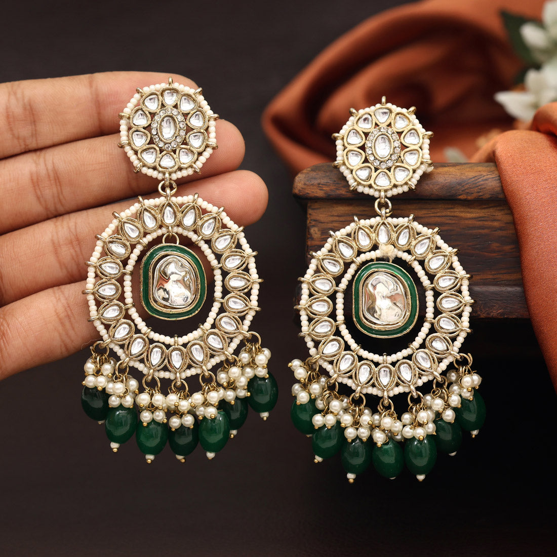 Green Color Kundan Earrings (KDE963GRN) - preyans.com