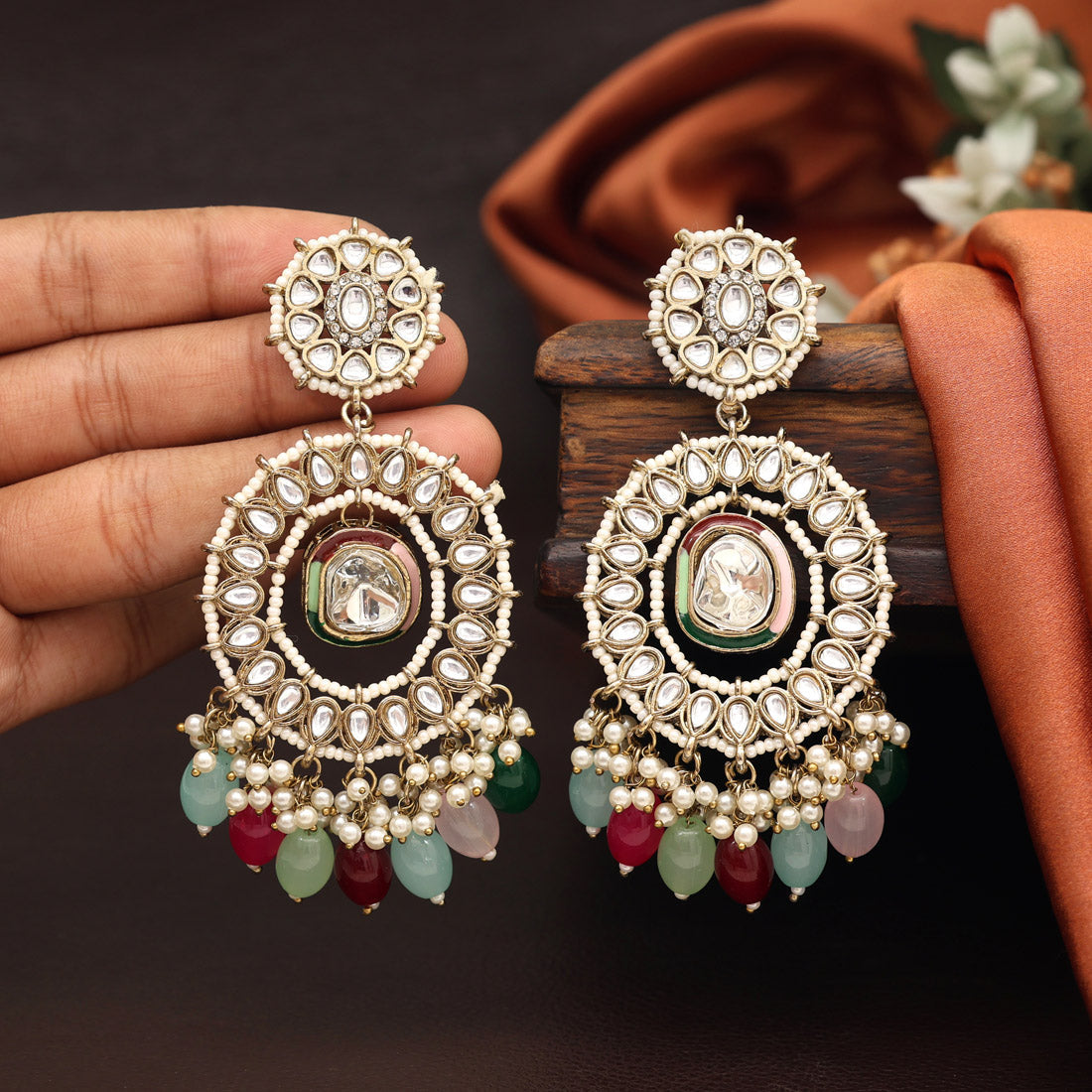 Multi Color Kundan Earrings (KDE963MLT) - preyans.com