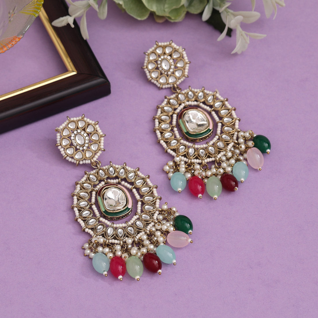 Multi Color Kundan Earrings (KDE963MLT) - preyans.com