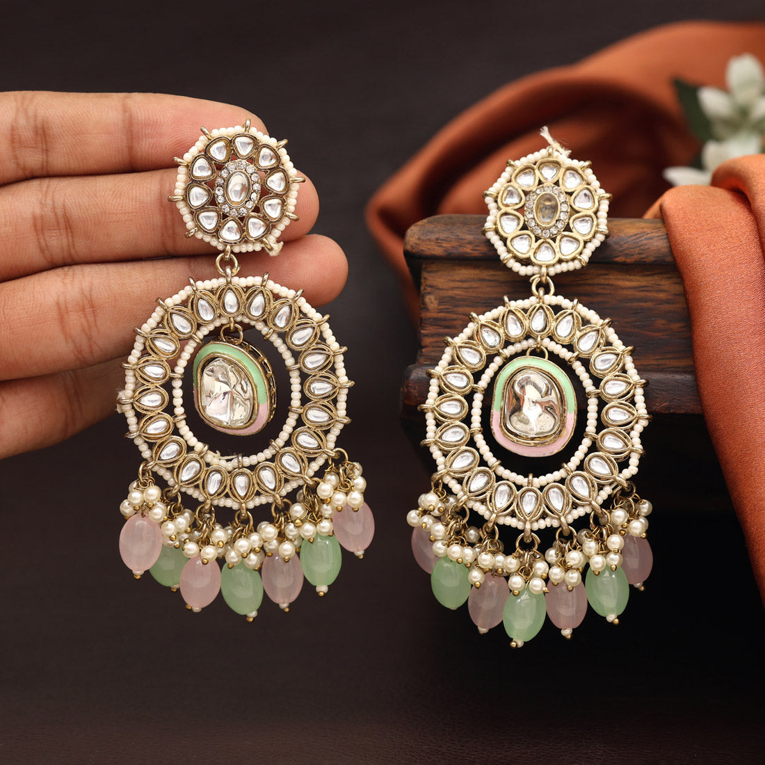 Pink & Pista Green Color Kundan Earrings (KDE963PNKPGRN) - preyans.com