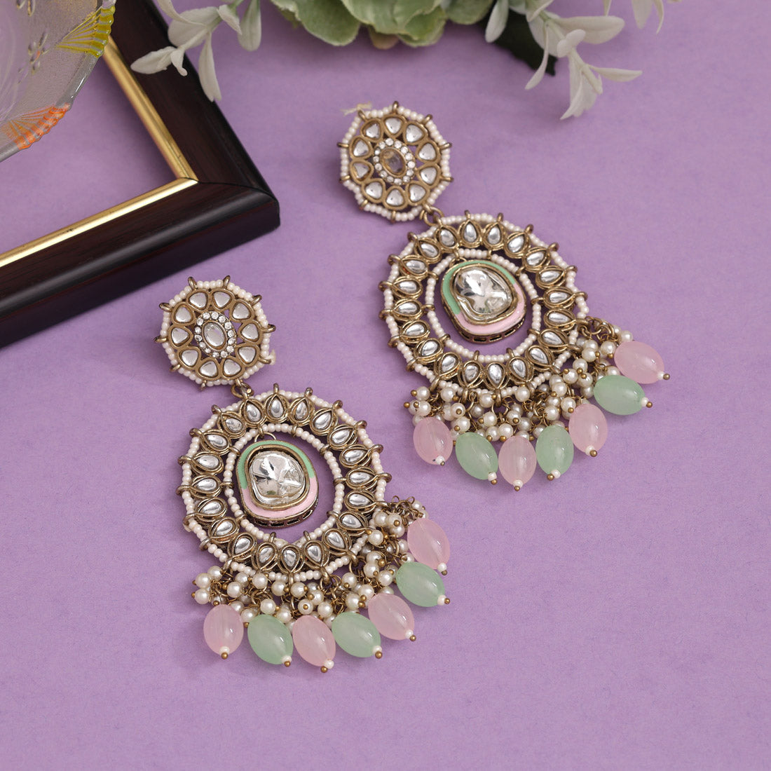 Pink & Pista Green Color Kundan Earrings (KDE963PNKPGRN) - preyans.com