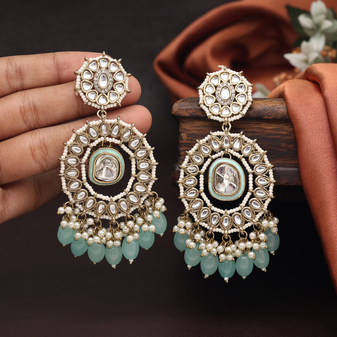 Sky Blue Color Kundan Earrings (KDE963SBLU) - preyans.com