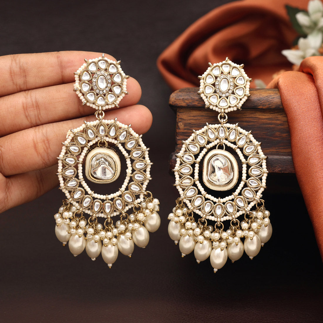 White Color Kundan Earrings (KDE963WHT) - preyans.com