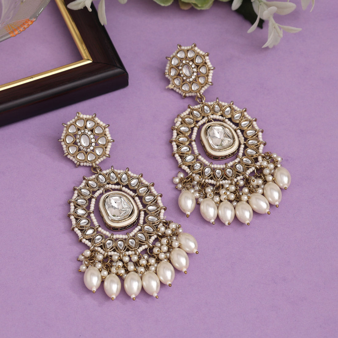 White Color Kundan Earrings (KDE963WHT) - preyans.com