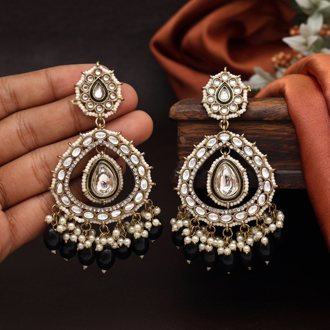 Black Color Kundan Earrings (KDE964BLK) - preyans.com