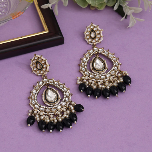 Black Color Kundan Earrings (KDE964BLK) - preyans.com