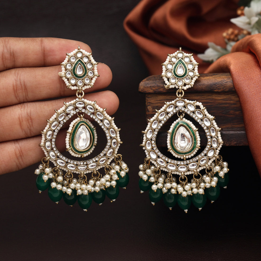 Green Color Kundan Earrings (KDE964GRN) - preyans.com