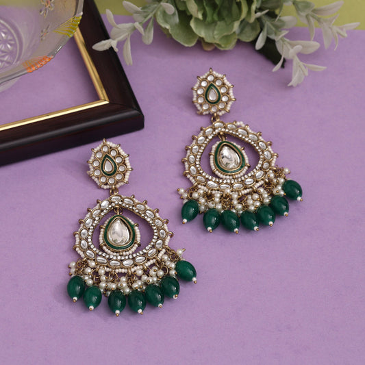 Green Color Kundan Earrings (KDE964GRN) - preyans.com