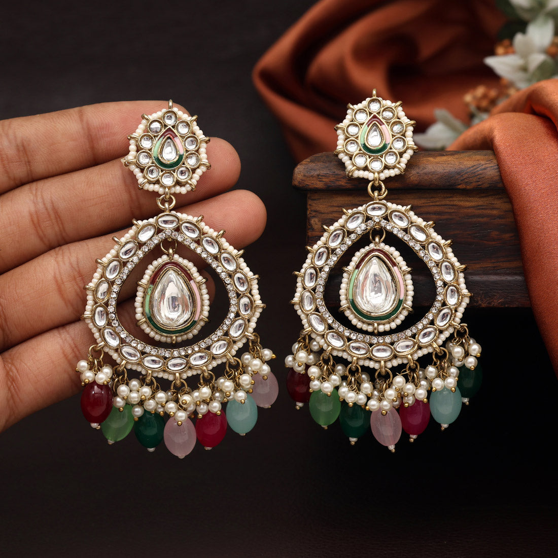 Multi Color Kundan Earrings (KDE964MLT) - preyans.com