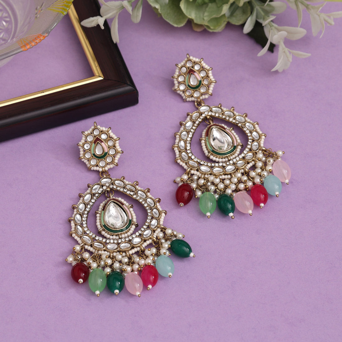 Multi Color Kundan Earrings (KDE964MLT) - preyans.com