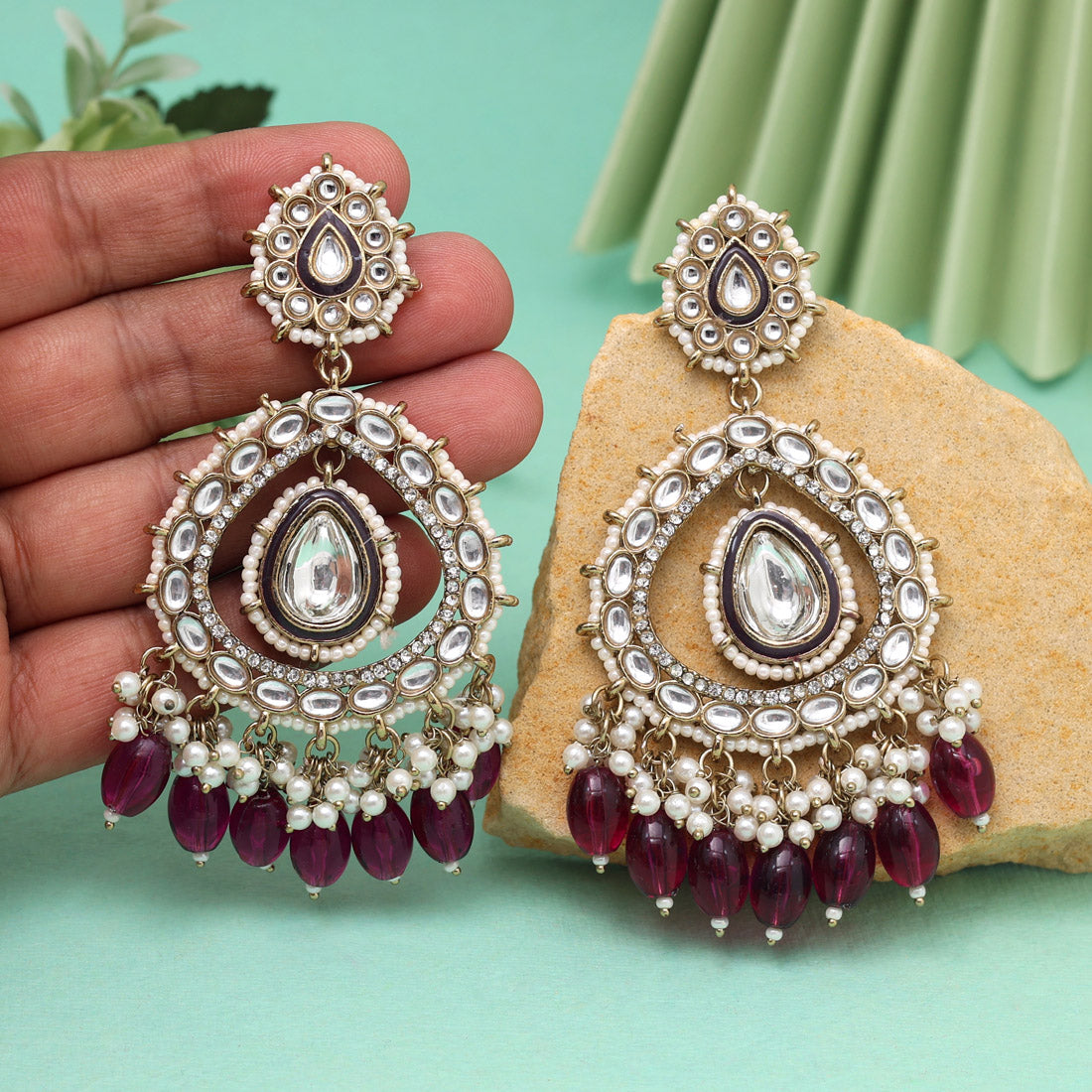 Magenta Color Kundan Earrings (KDE964MNT) - Preyans.com