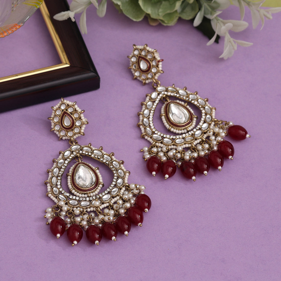 Maroon Color Kundan Earrings (KDE964MRN) - preyans.com