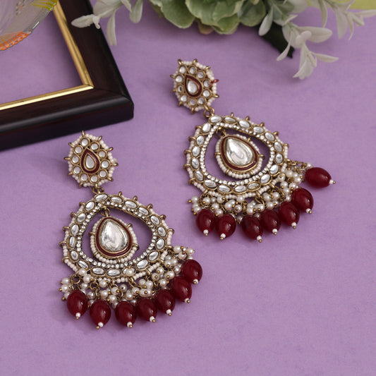 Maroon Color Kundan Earrings (KDE964MRN) - preyans.com