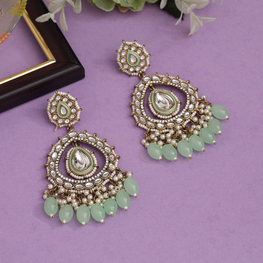 Pista Green Color Kundan Earrings (KDE964PGRN) - preyans.com