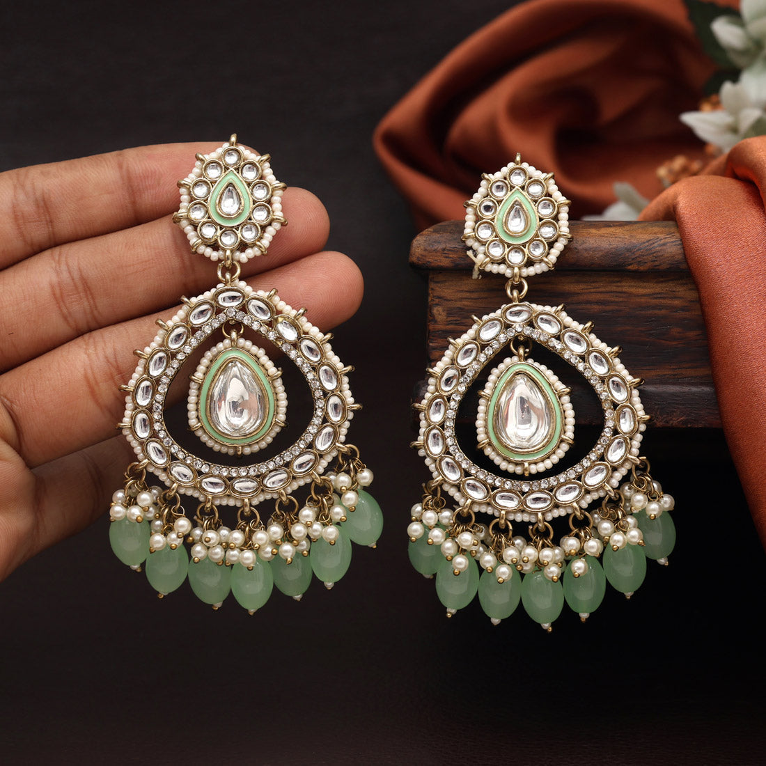 Pista Green Color Kundan Earrings (KDE964PGRN) - preyans.com