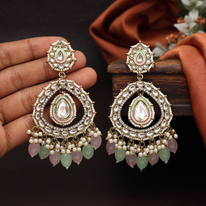 Pink & Pista Green Color Kundan Earrings (KDE964PNKPGRN) - preyans.com