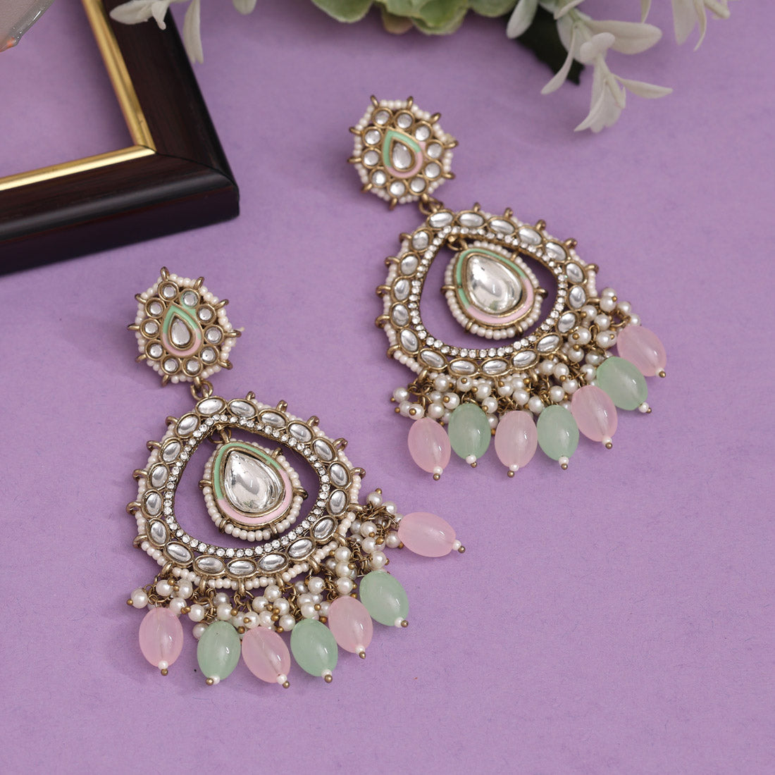 Pink & Pista Green Color Kundan Earrings (KDE964PNKPGRN) - preyans.com