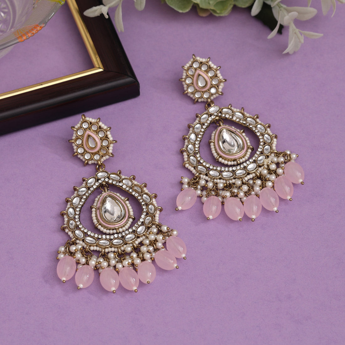 Pink Color Kundan Earrings (KDE964PNK) - preyans.com