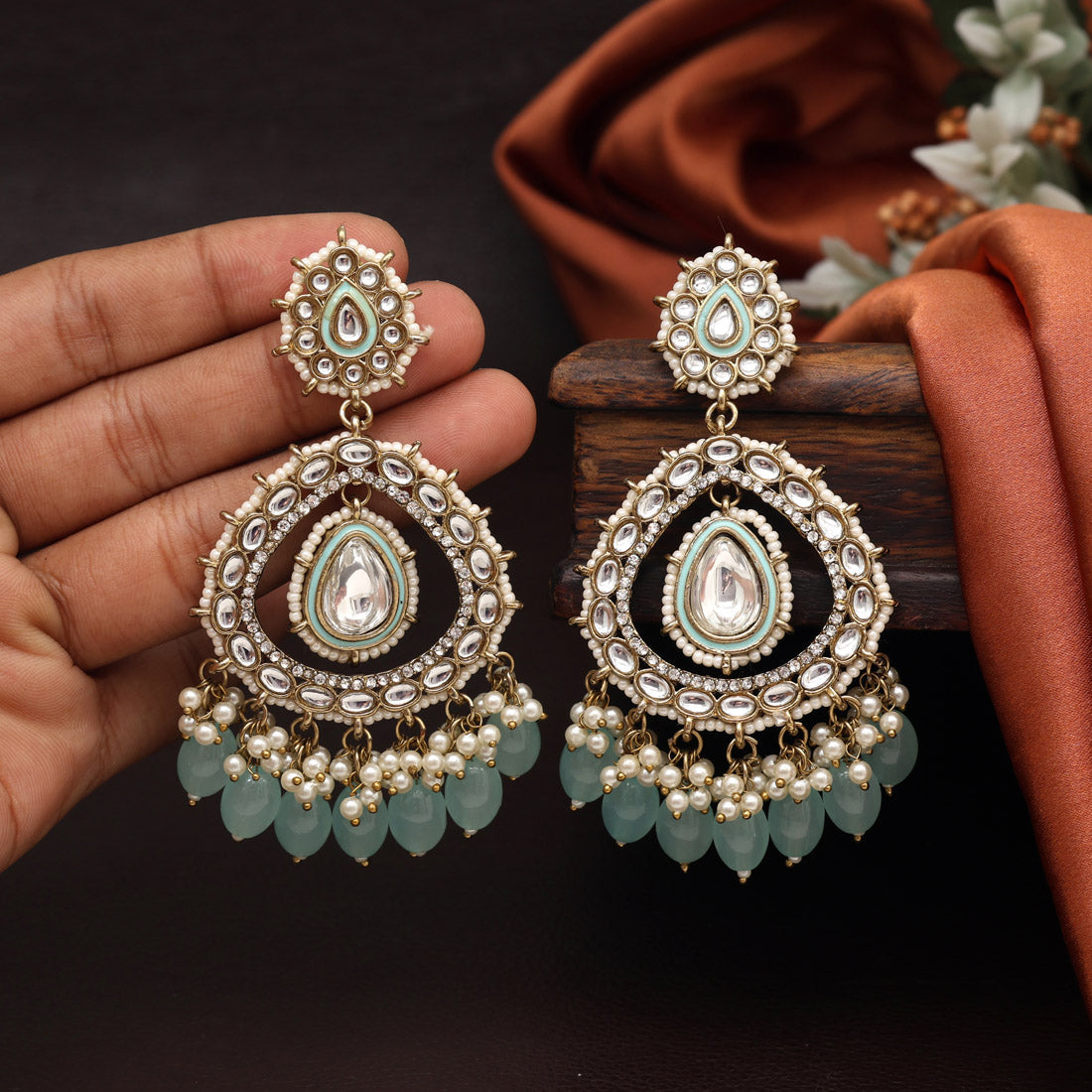 Sky Blue Color Kundan Earrings (KDE964SBLU) - preyans.com