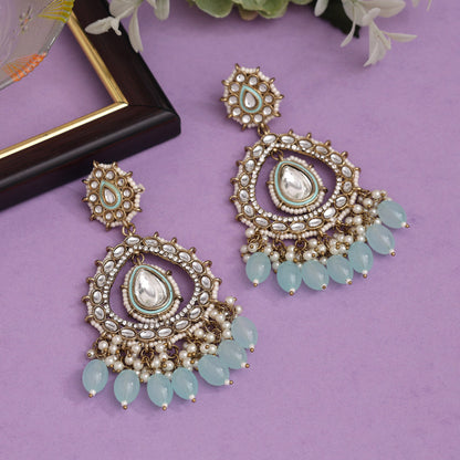 Sky Blue Color Kundan Earrings (KDE964SBLU) - preyans.com