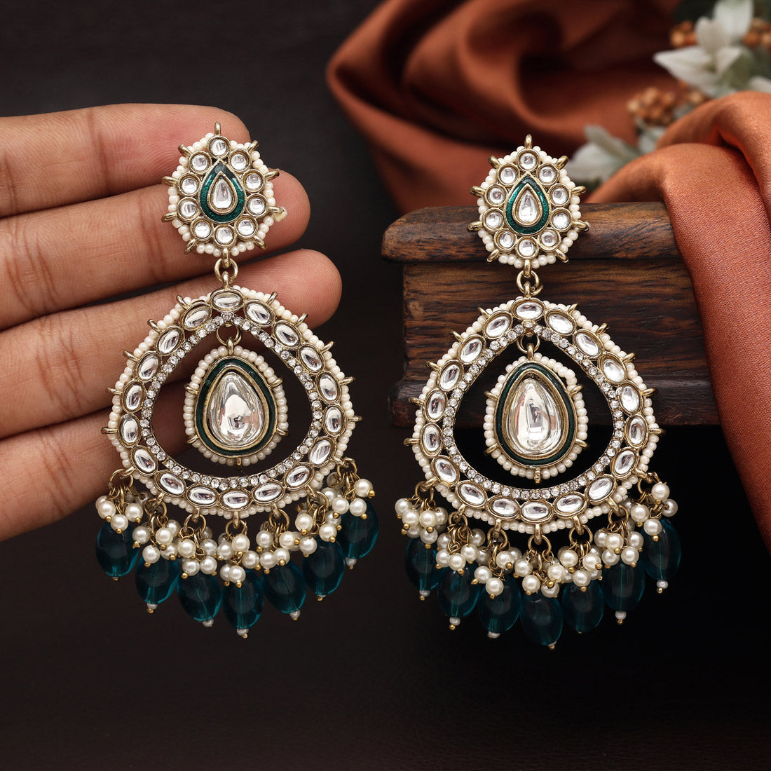 Turquoise Blue Color Kundan Earrings (KDE964TBLU) - preyans.com