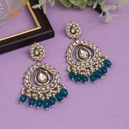 Turquoise Blue Color Kundan Earrings (KDE964TBLU) - preyans.com