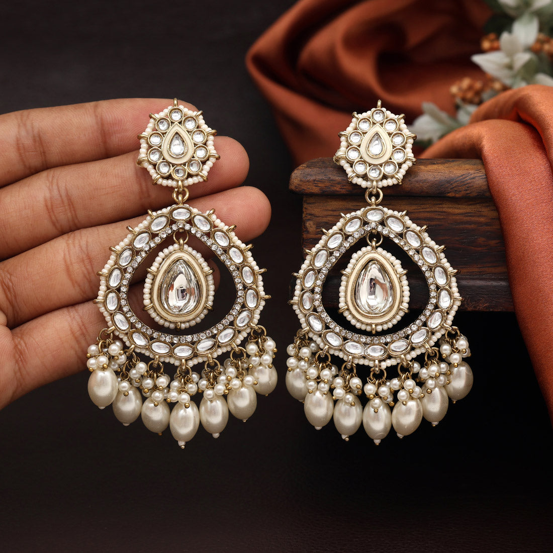 White Color Kundan Earrings (KDE964WHT) - preyans.com