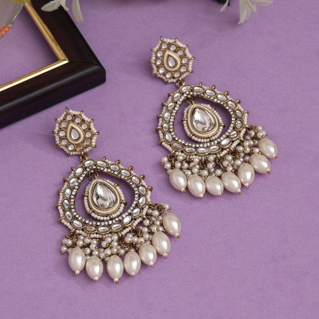 White Color Kundan Earrings (KDE964WHT) - preyans.com