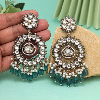 Bottle Green Color Kundan Earrings (KDE965BGRN) - Preyans.com