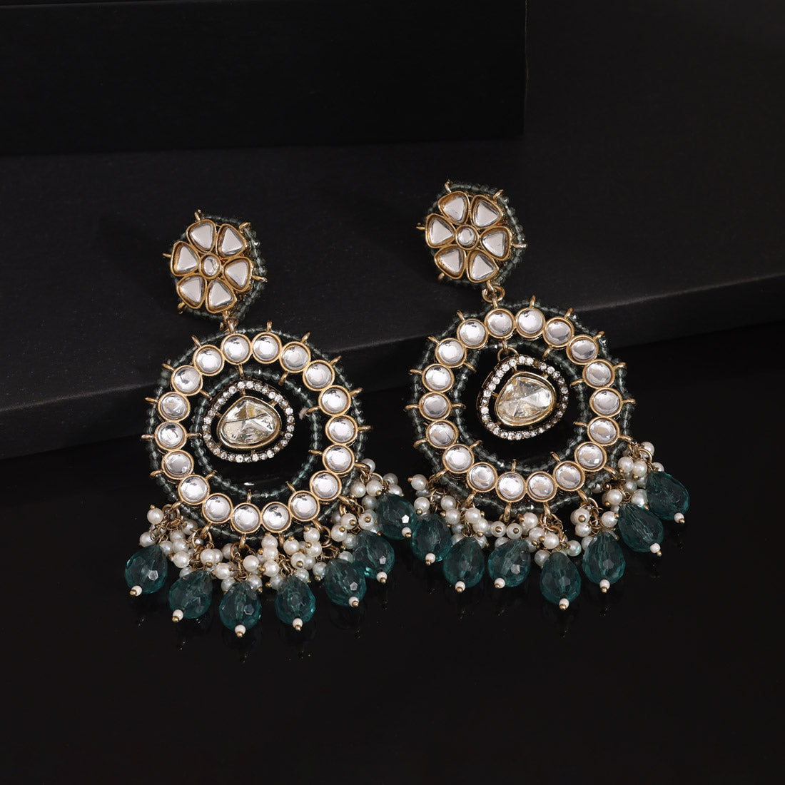 Bottle Green Color Kundan Earrings (KDE965BGRN) - Preyans.com