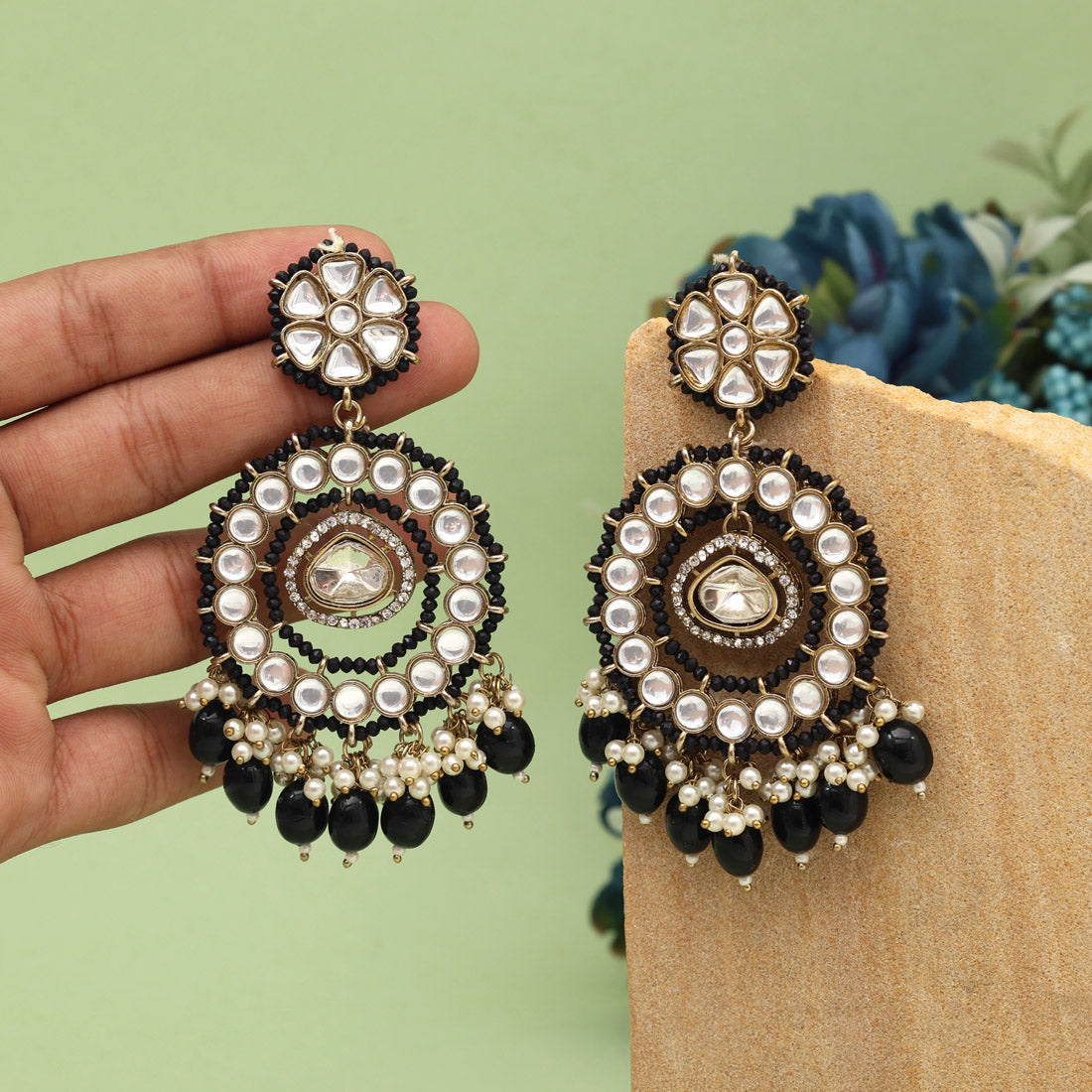 Black Color Kundan Earrings (KDE965BLK) - preyans.com