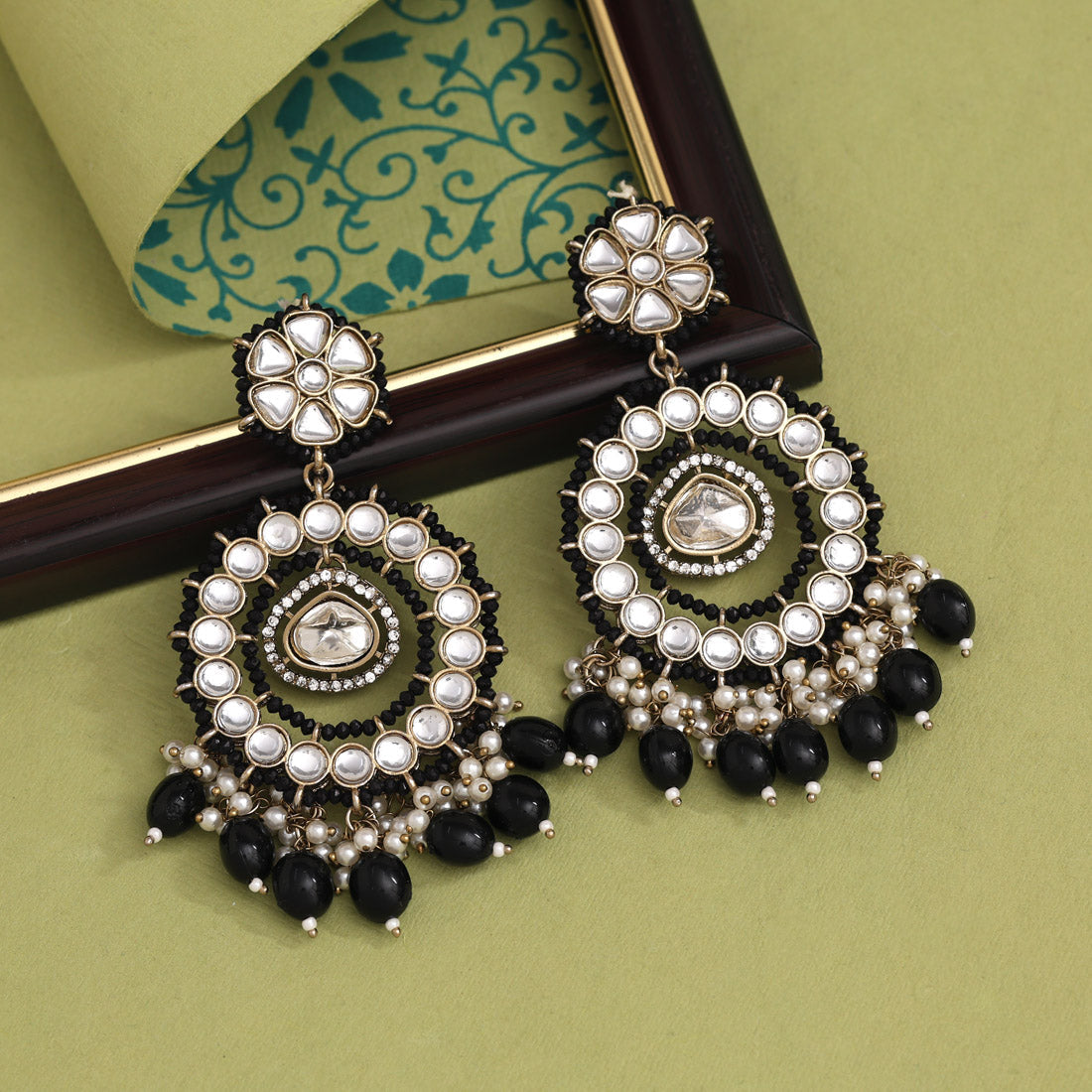 Black Color Kundan Earrings (KDE965BLK) - preyans.com