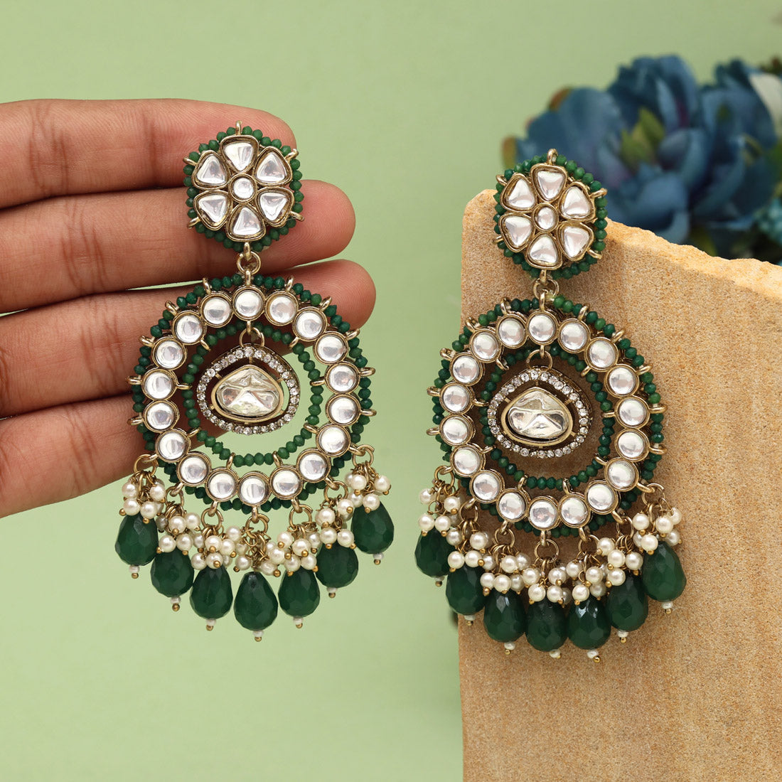 Green Color Kundan Earrings (KDE965GRN) - preyans.com