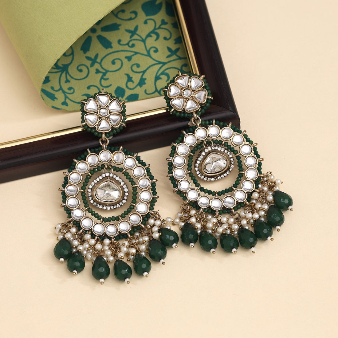 Green Color Kundan Earrings (KDE965GRN) - preyans.com