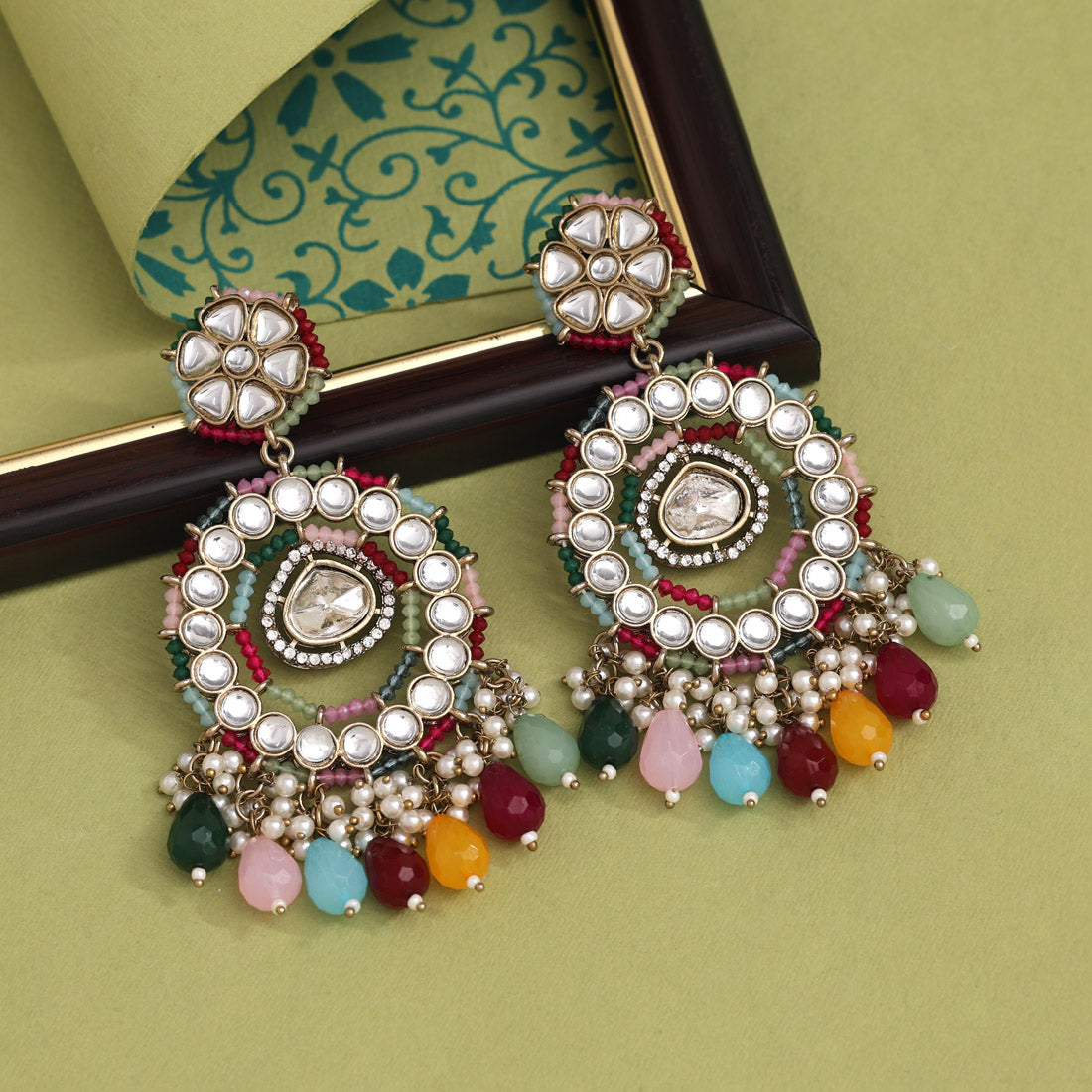 Multi Color Kundan Earrings (KDE965MLT) - preyans.com