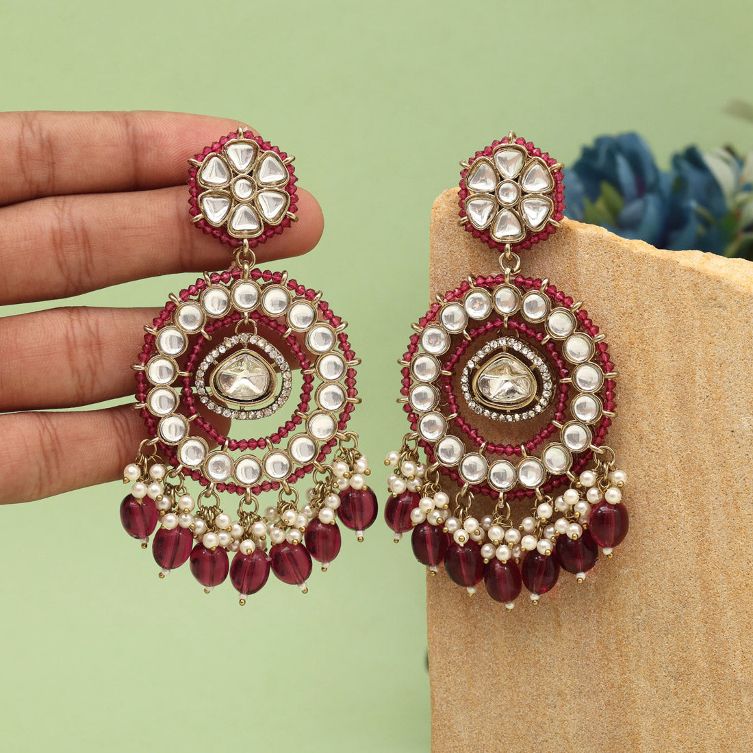 Magenta Color Kundan Earrings (KDE965MNT) - preyans.com