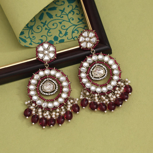 Magenta Color Kundan Earrings (KDE965MNT) - preyans.com