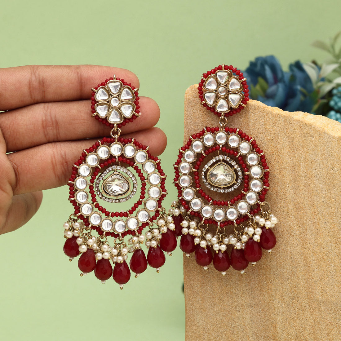 Maroon Color Kundan Earrings (KDE965MRN) - preyans.com