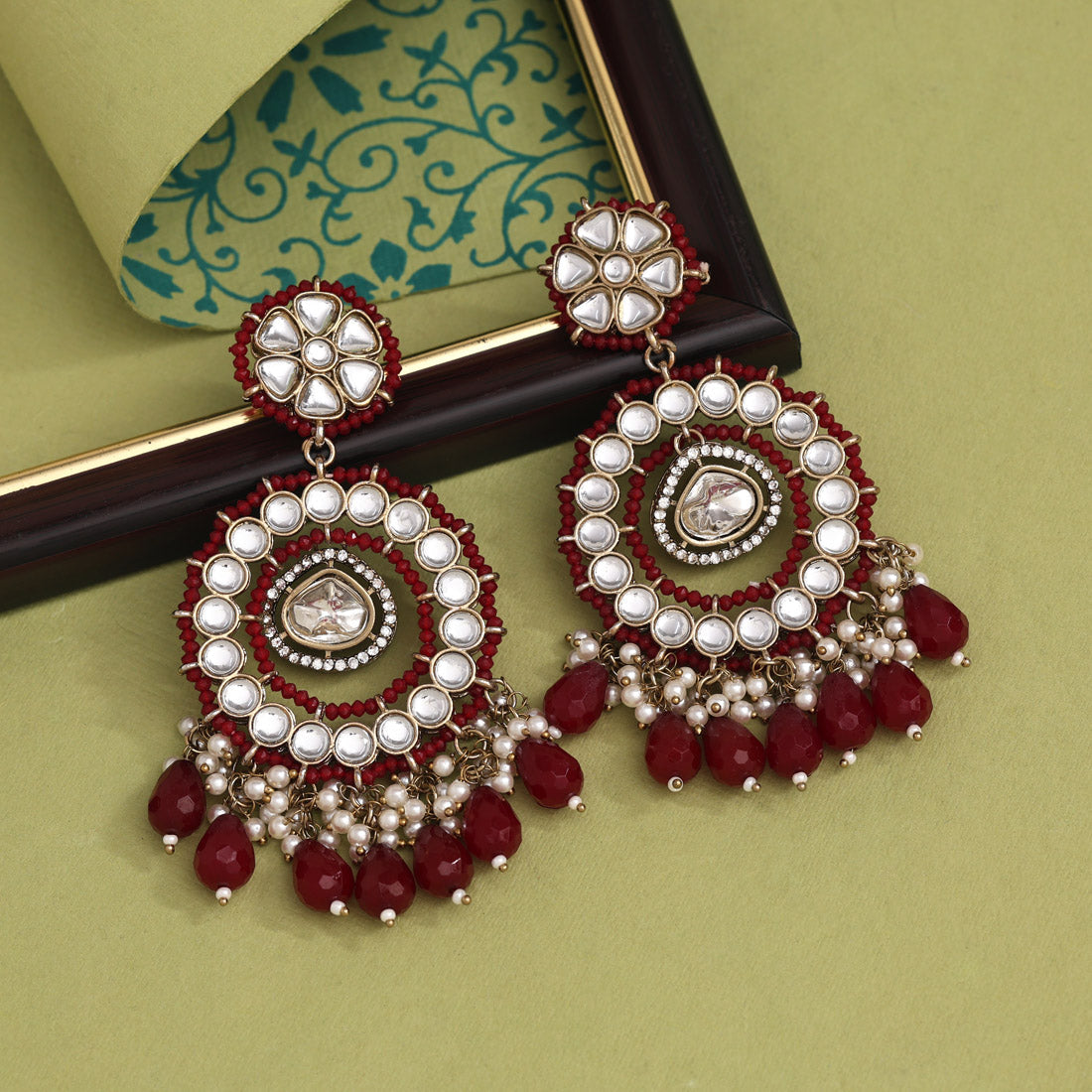 Maroon Color Kundan Earrings (KDE965MRN) - preyans.com