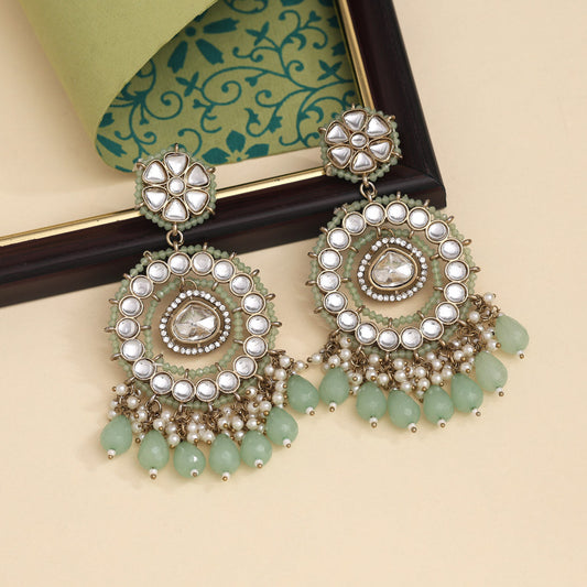 Pista Green Color Kundan Earrings (KDE965PGRN) - preyans.com