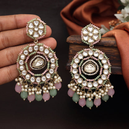 Pink & Pista Green Color Kundan Earrings (KDE965PNKPGRN) - preyans.com