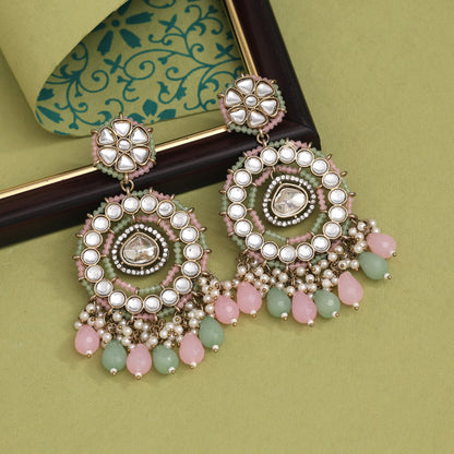 Pink & Pista Green Color Kundan Earrings (KDE965PNKPGRN) - preyans.com