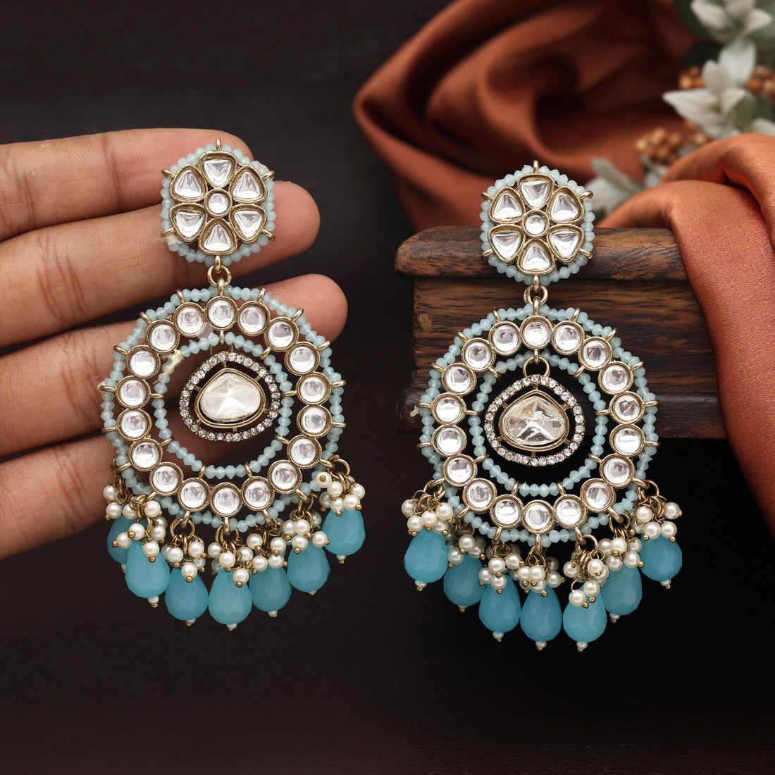 Sky Blue Color Kundan Earrings (KDE965SBLU) - preyans.com