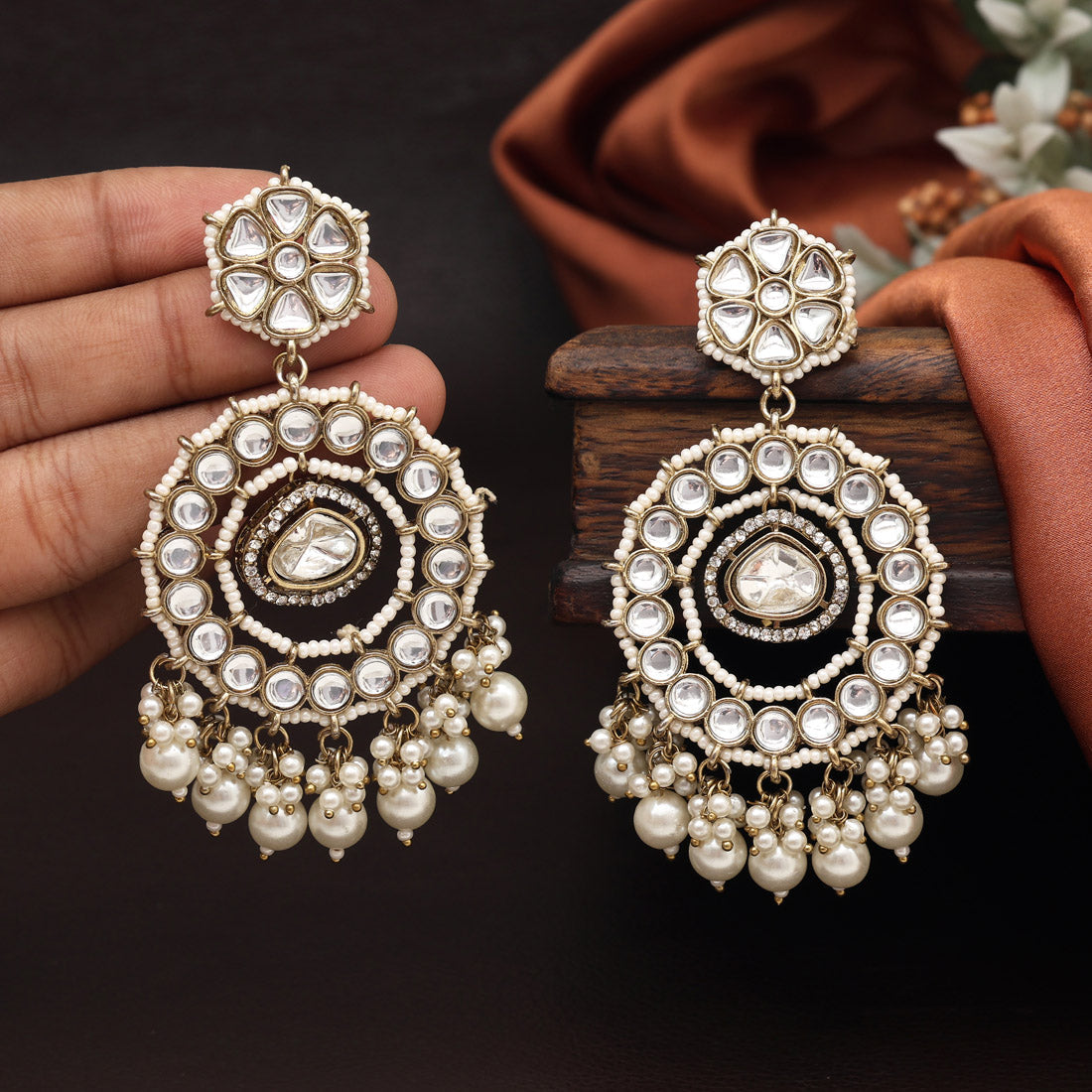 White Color Kundan Earrings (KDE965WHT) - preyans.com